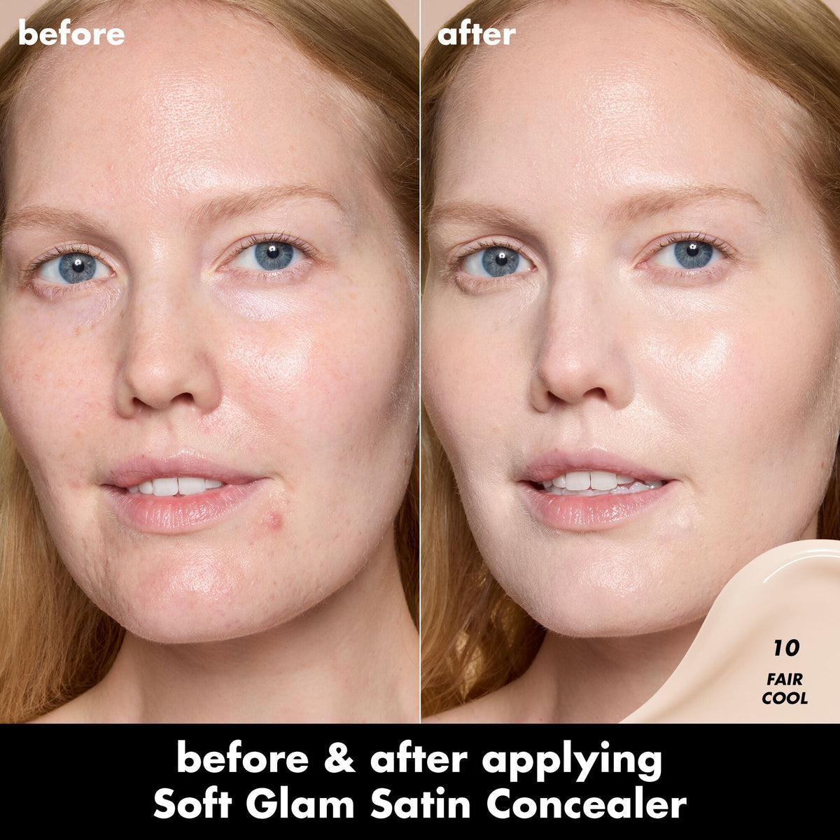 Before and After Applying Soft Glam Satin Foundation in the Shade 10 Fair Cool