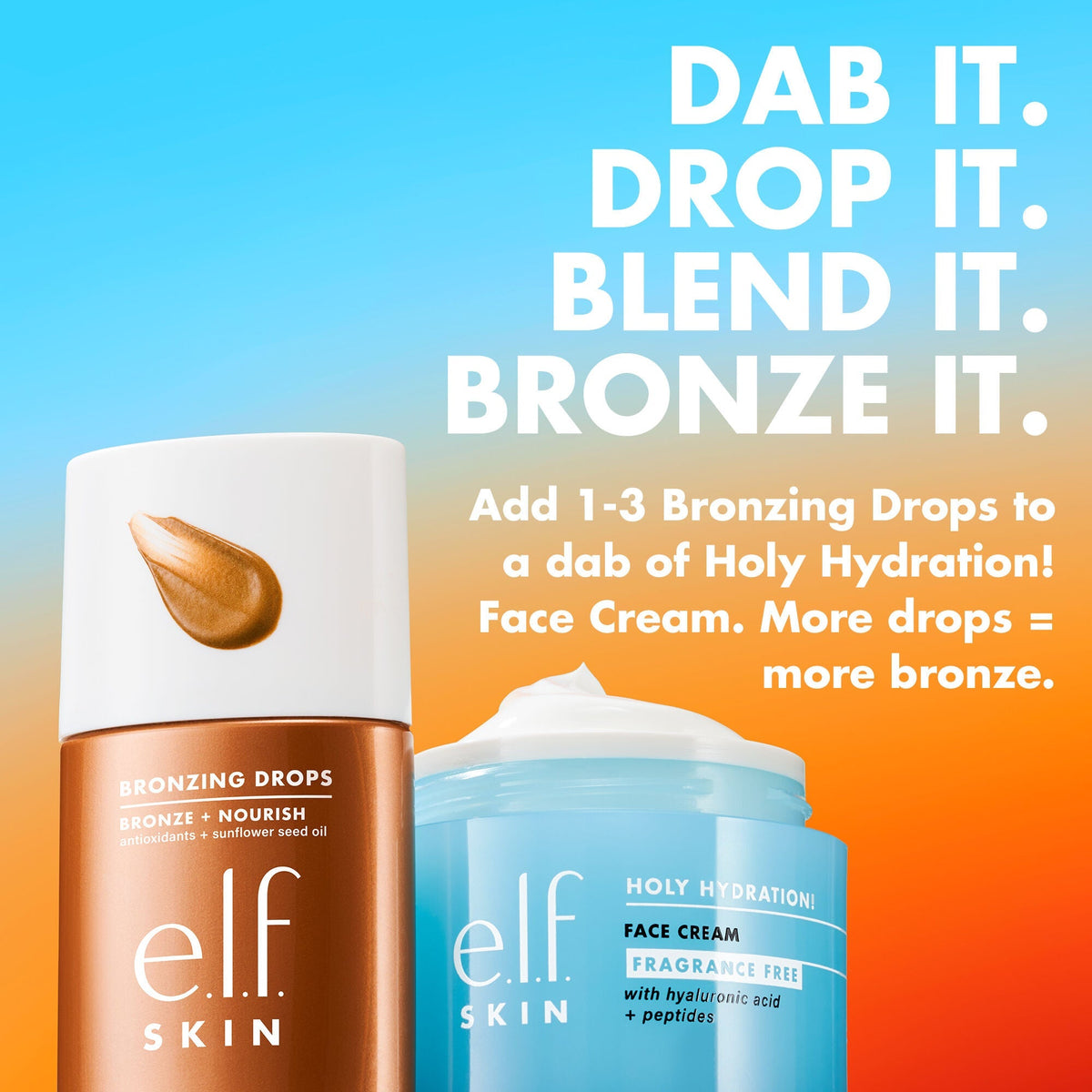 e.l.f. Skin bronzing drops and face cream with how to use text on a gradient background